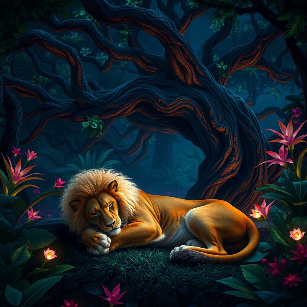 Majestic Lion in Vibrant Jungle Cathedral