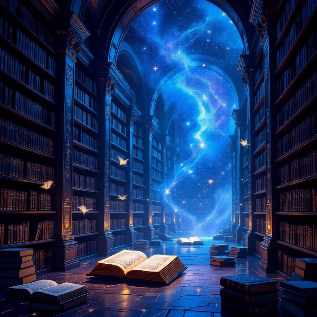 Celestial Library of Glowing Books Revealing Constellations