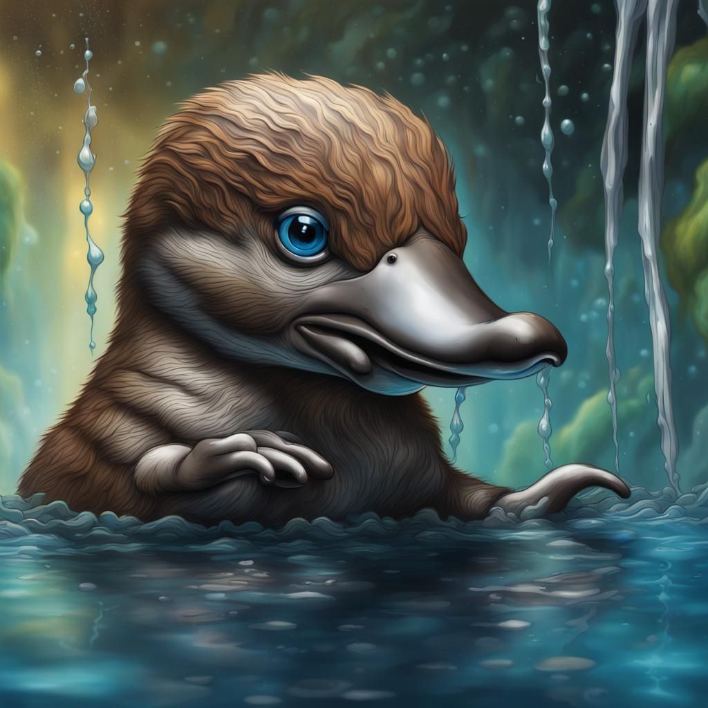 Hyperrealistic Baby Platypus Swimming Under Waterfall