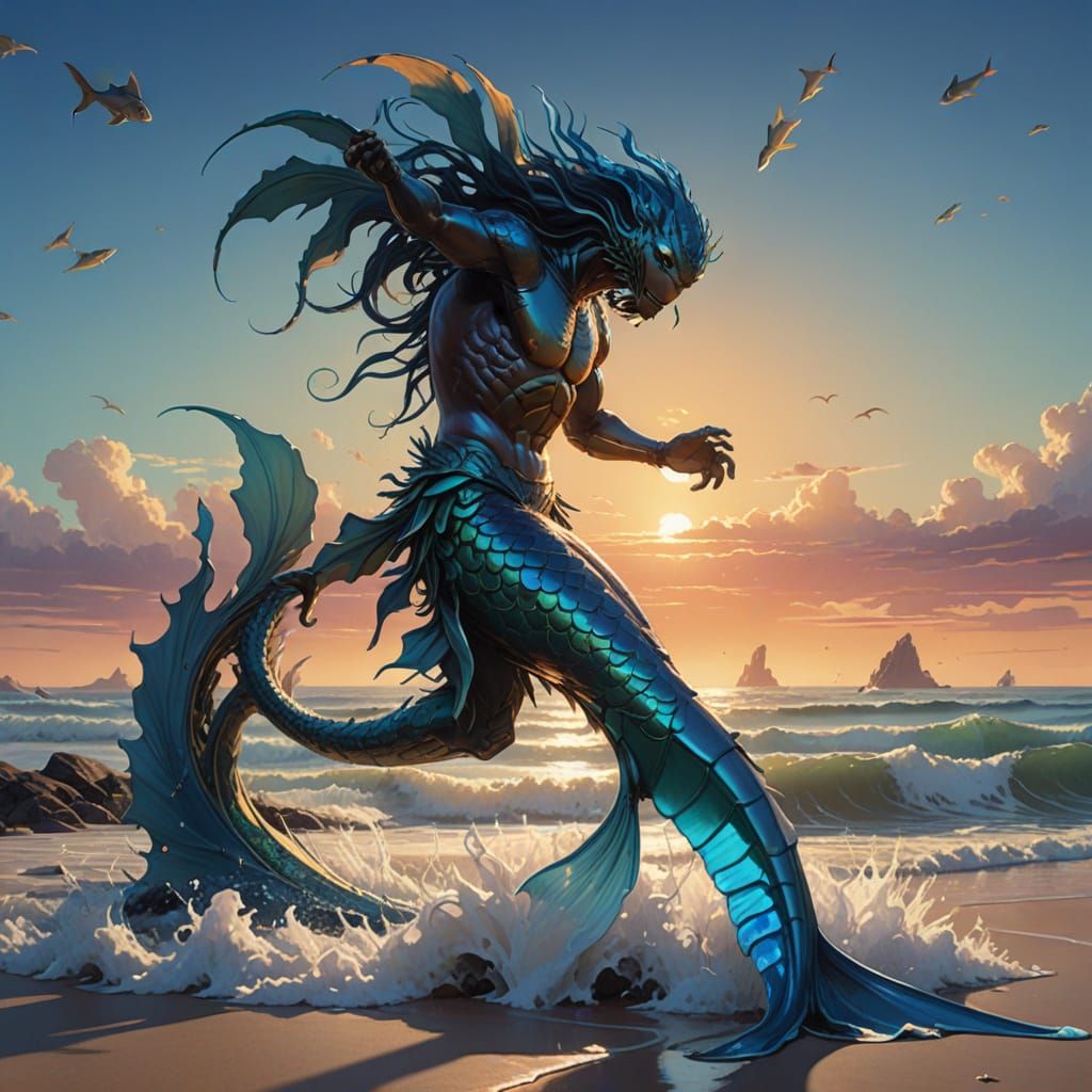 Hyperrealistic Merman in Golden Light