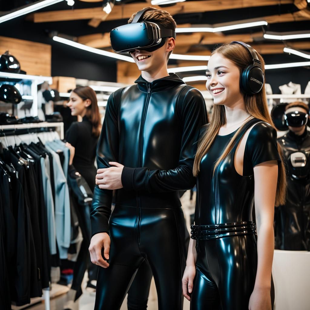 Teenagers in Latex Suits in a Clothing Store