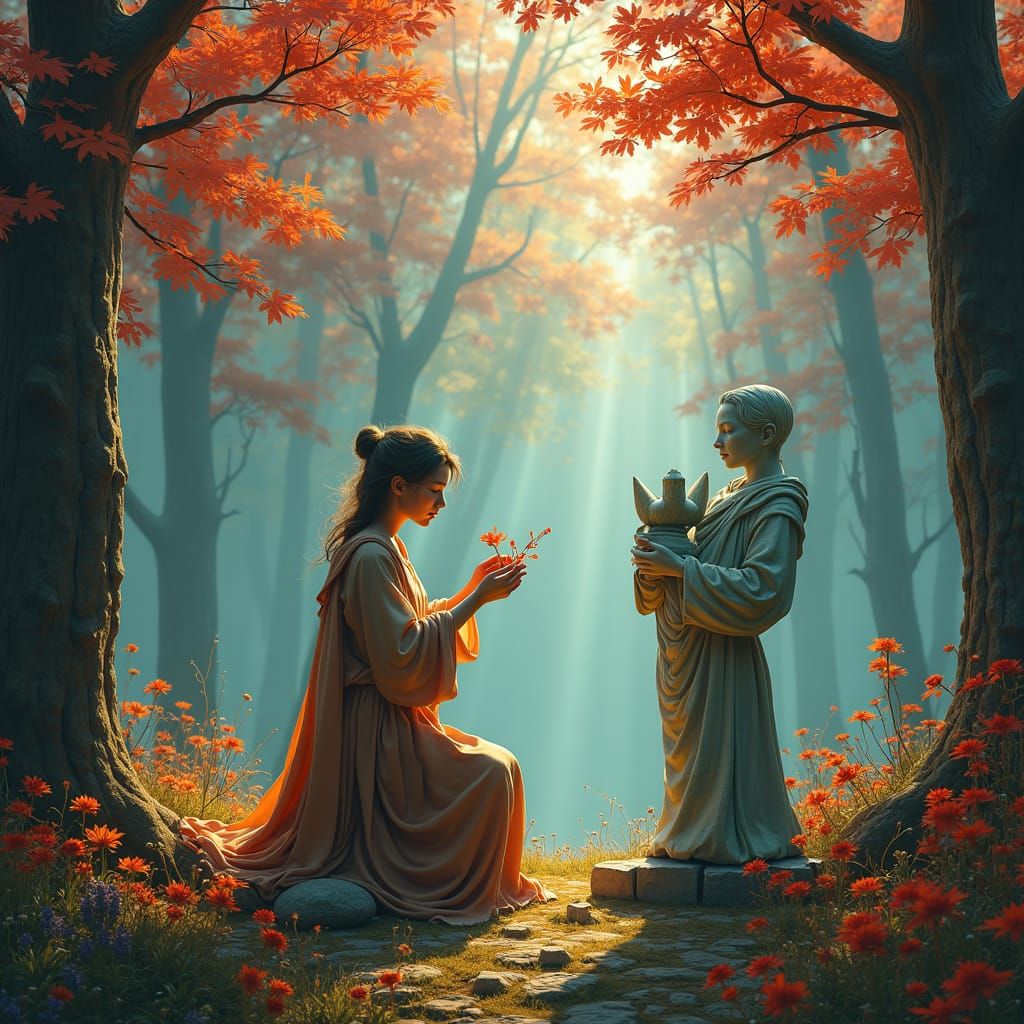 Mystical Sculptor in Dreamlike Forest