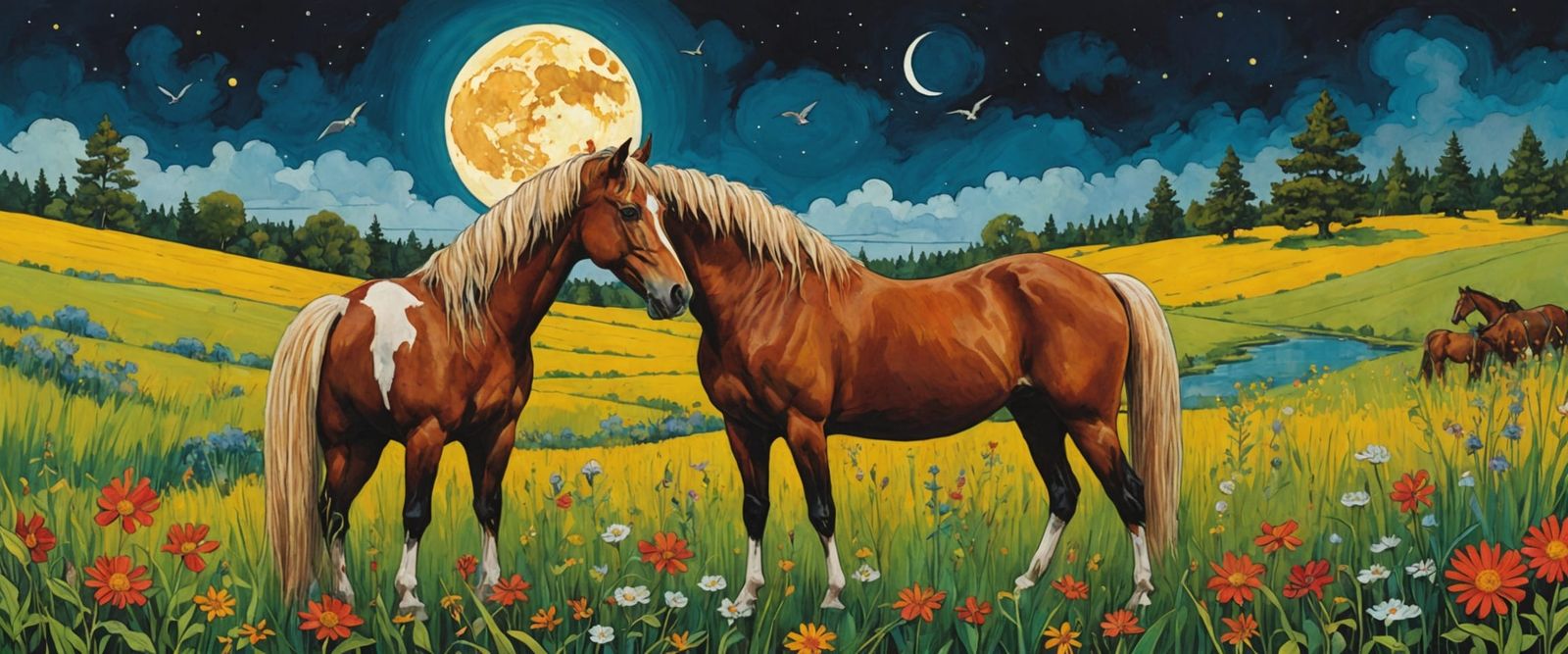 Vivid Horse in Golden Pasture with Mandala and Psychedelic W...