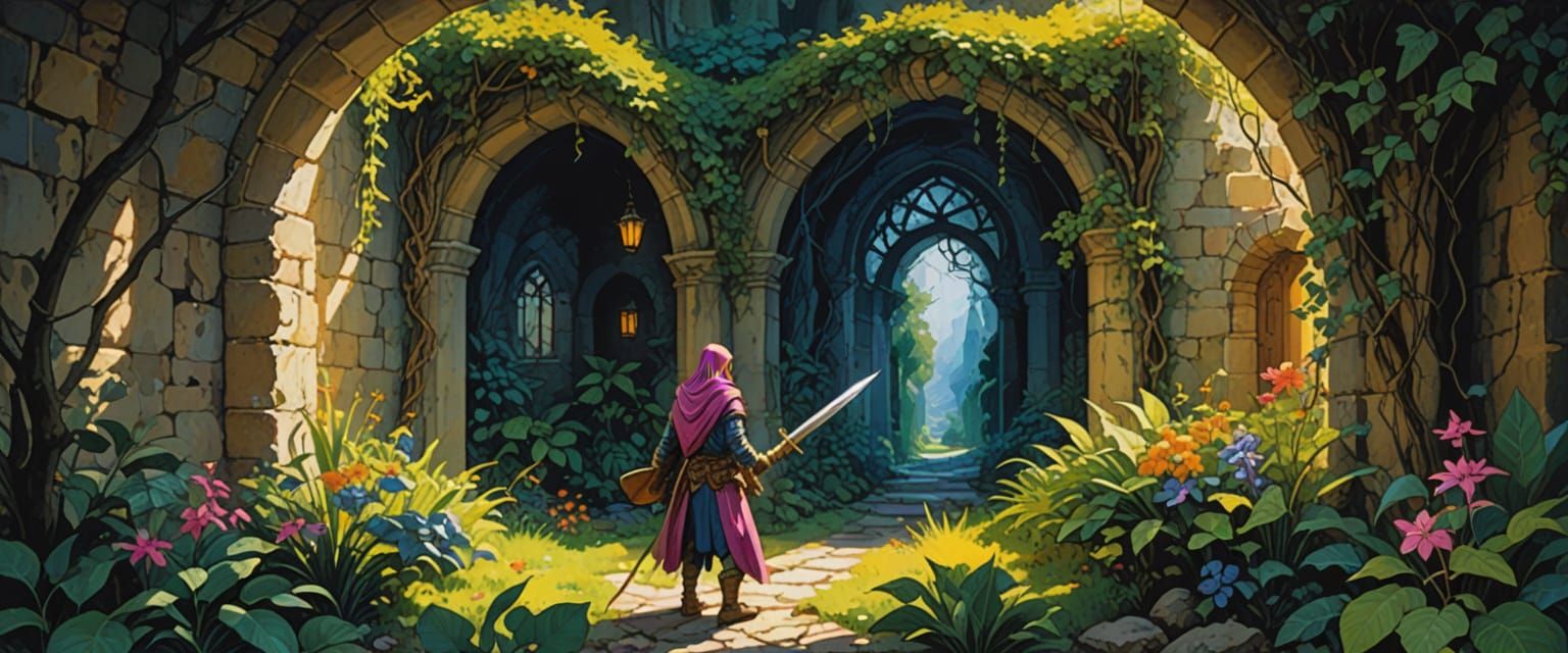 Adventurers at Dungeon Entrance in Watercolor Style