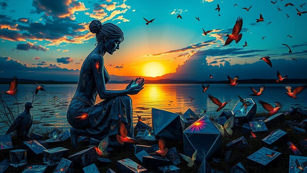 Surreal Sunset Sculpture of a Woman Among Glowing Mythical C...