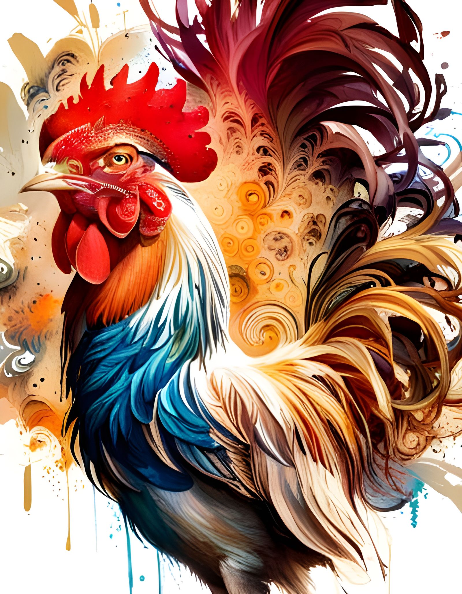 Dramatic Rooster in Mixed Media Style