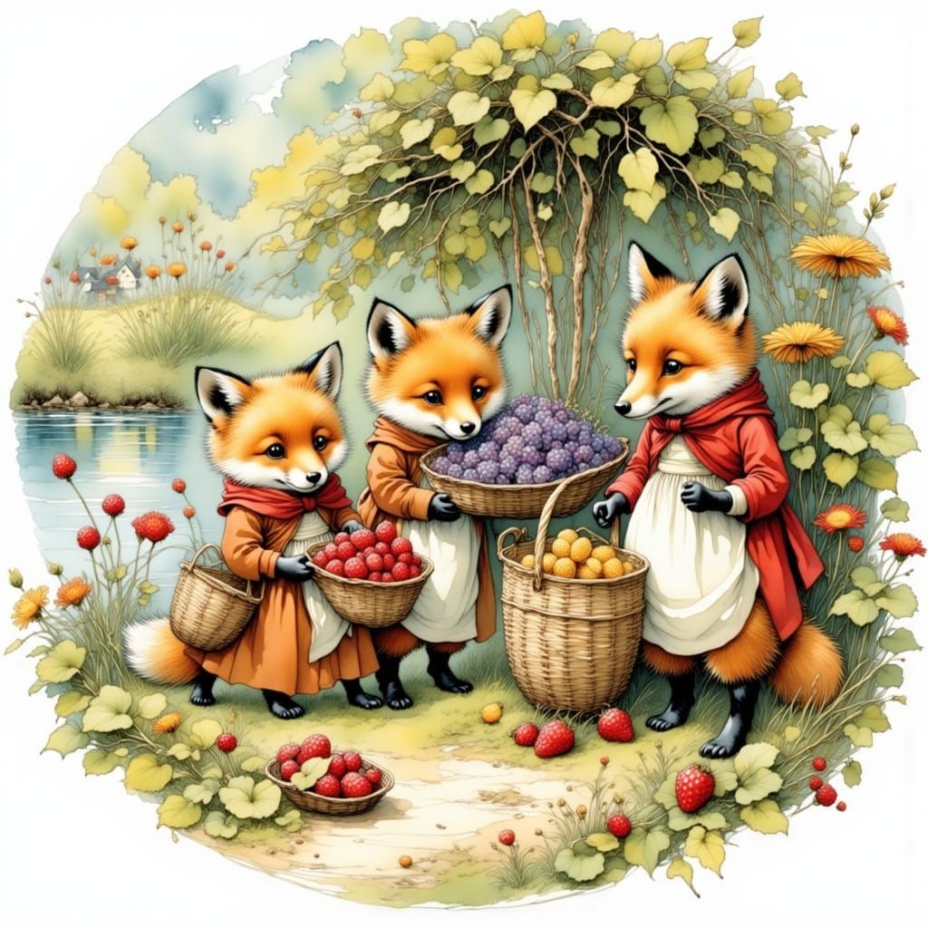 Whimsical Foxes Gather Wild Berries by a Serene Lake