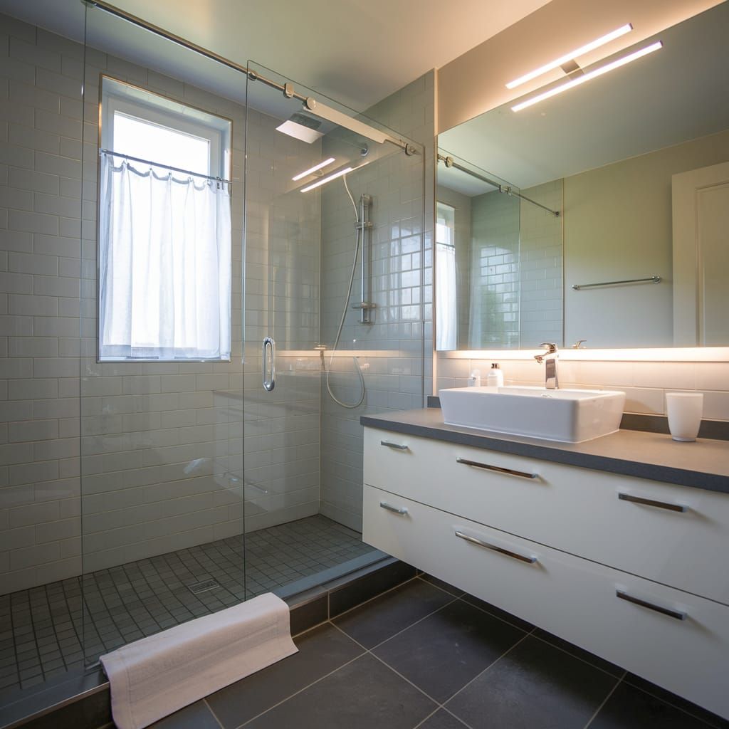 Modern Bathroom with Glass Shower and Gray Tiles