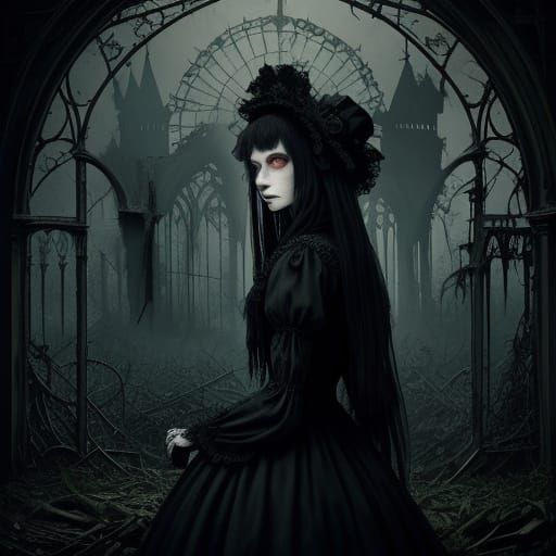 Gothic Art: Melancholy Girls on Decaying Mansion Walls