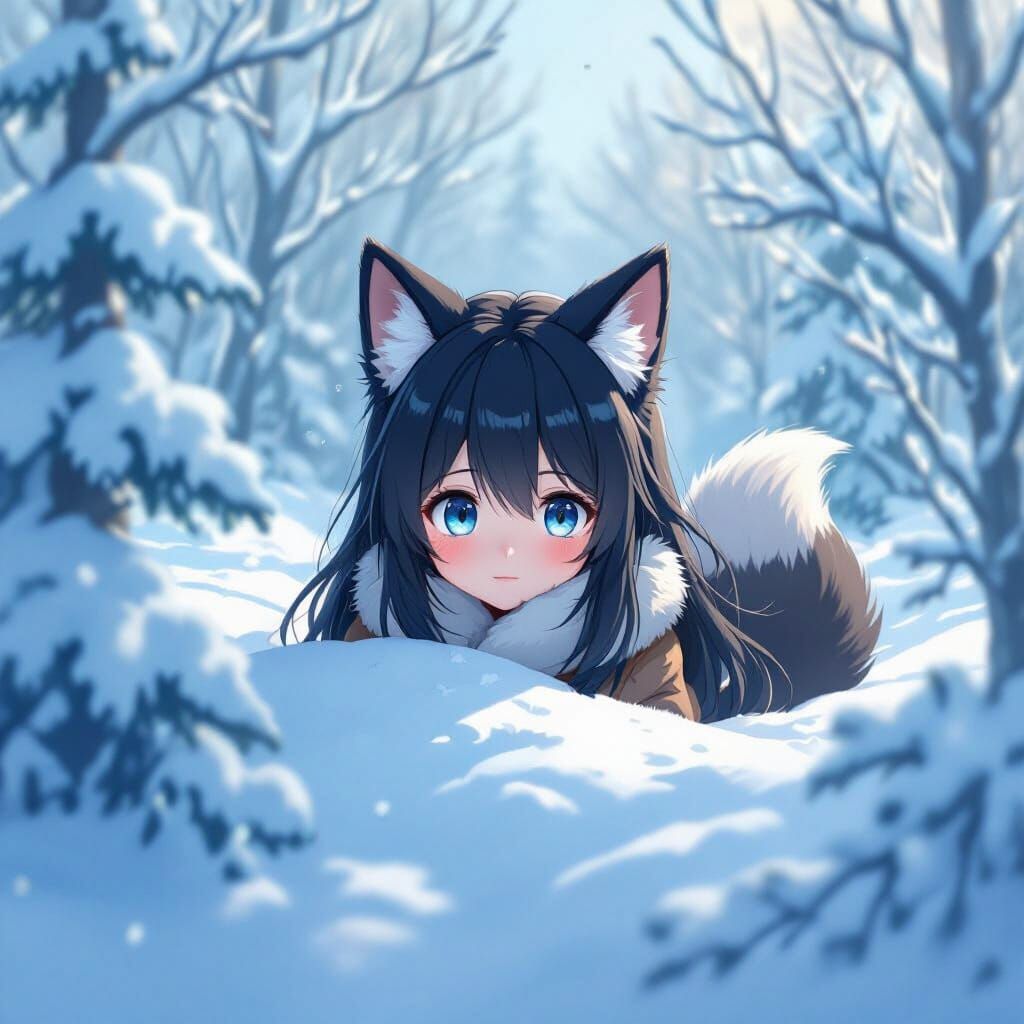 Arctic Fox Girl Hiding in Snowy Landscape