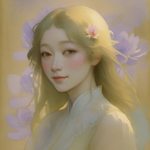 Watercolor Portrait Surrounded by Water Lilies