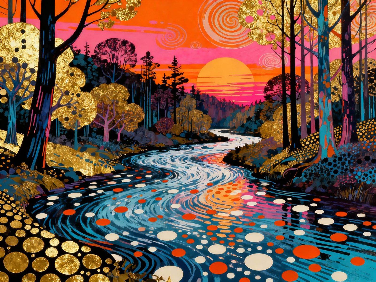 Mid-Century Pop Art River at Sunset in Forest