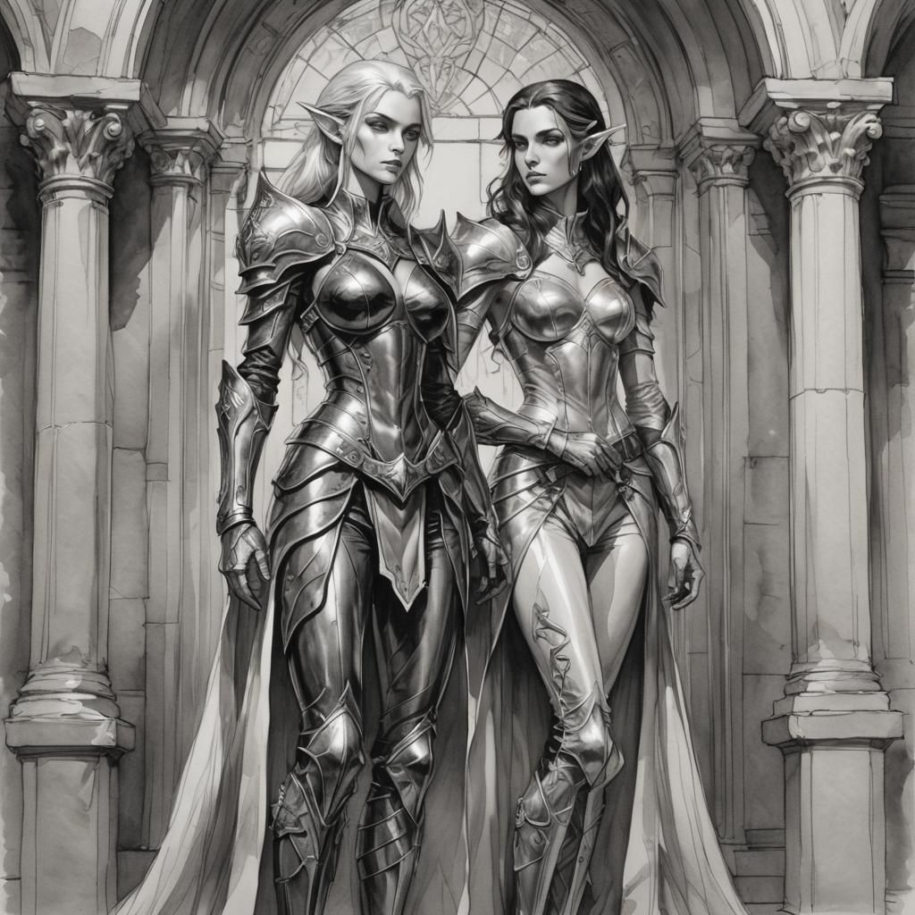 Elven Warrior in Leather Armor: Black and White Sketch