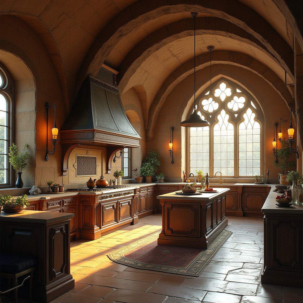 Majestic Tudor Kitchen with Stone Arch and Custom Tile