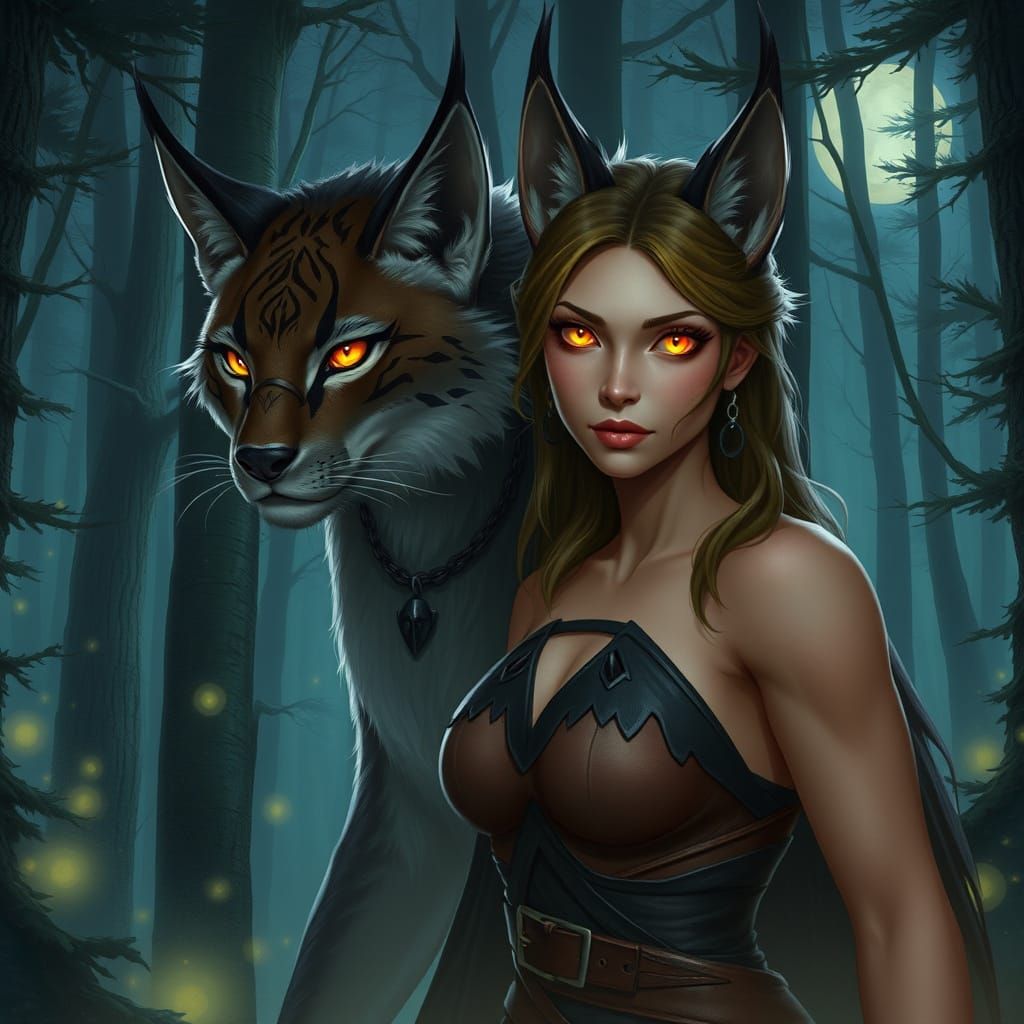 Lynx Woman and Feline Man in Bioluminescent Forest