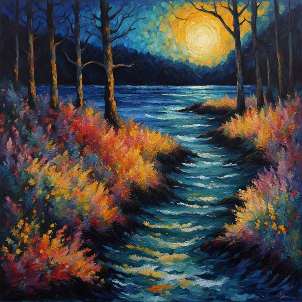 Mystical Forest Abyss in Neo-Impressionist Style