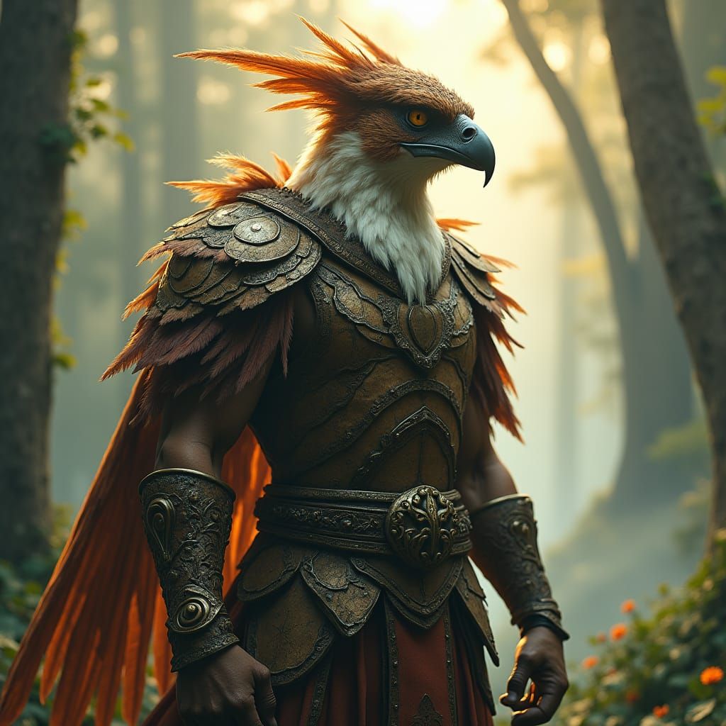 Falcon Warrior in Forest, Maximalist Fantasy Art