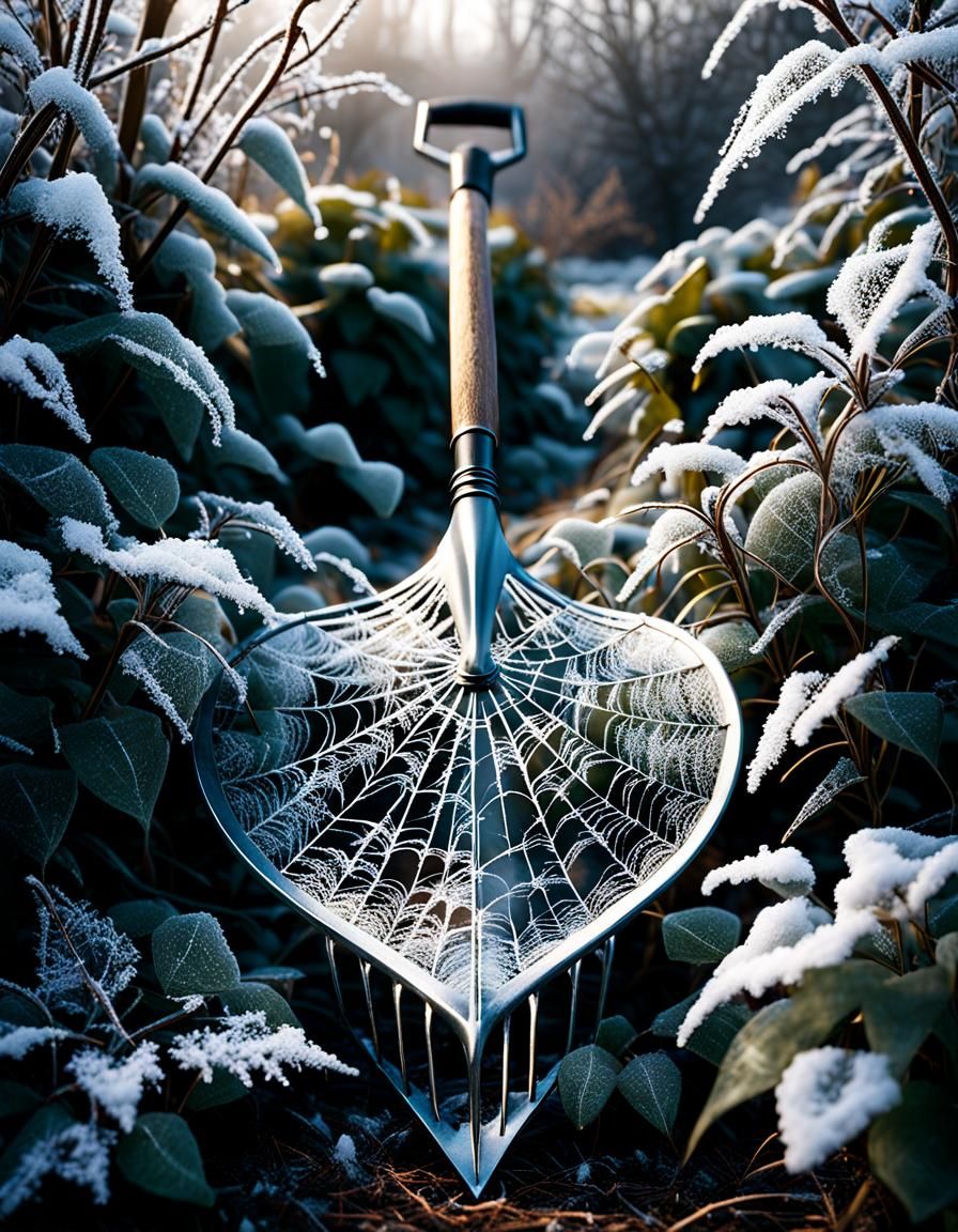 Frozen Spiderweb on Spade in Winter Light
