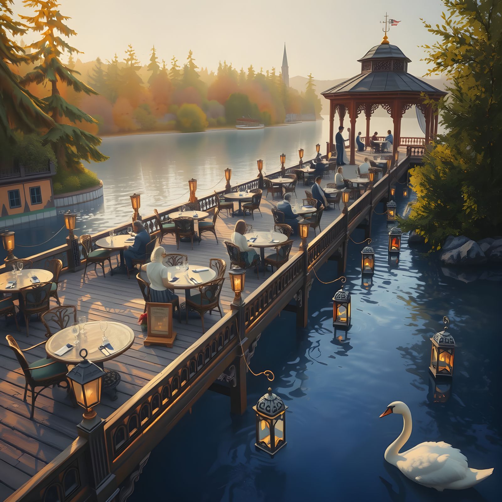 Sunset Swan Cafe on Lake Pier in Golden Hour