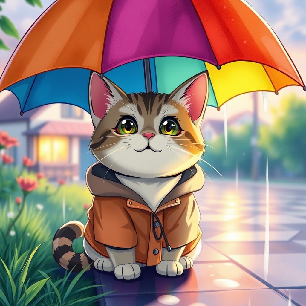 Adorable Cat Under Umbrella: Watercolor Anime Style