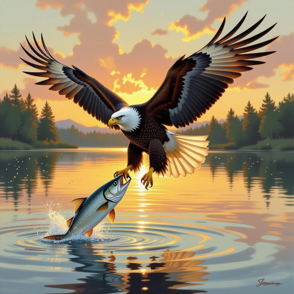 Golden Eagle Captures Fish at Dawn as Oil Painting