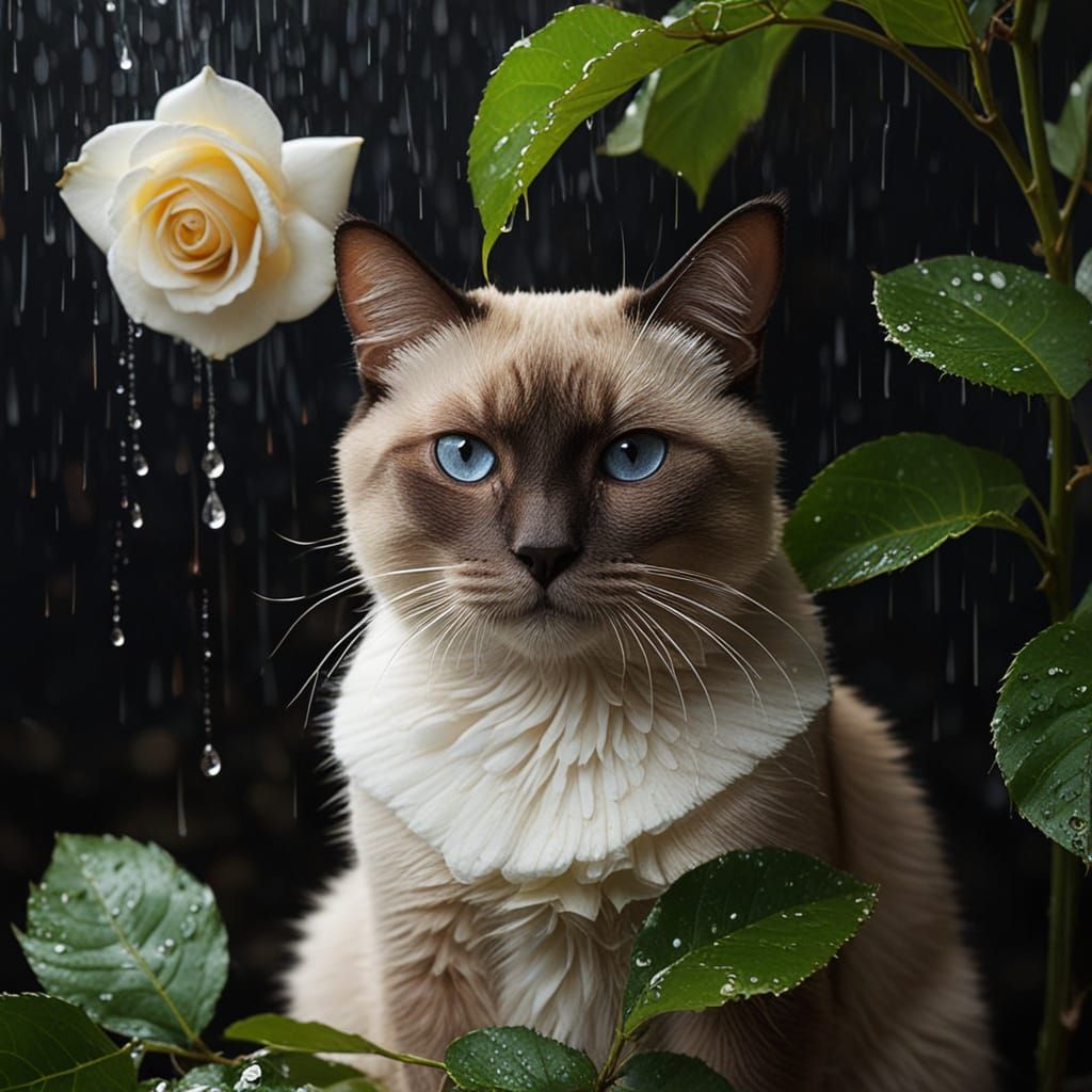 Siamese Cat in Ethereal Rain Scene