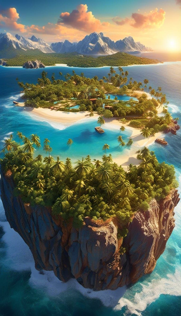 Floating Paradise Island at Sunset: Digital Matte Painting