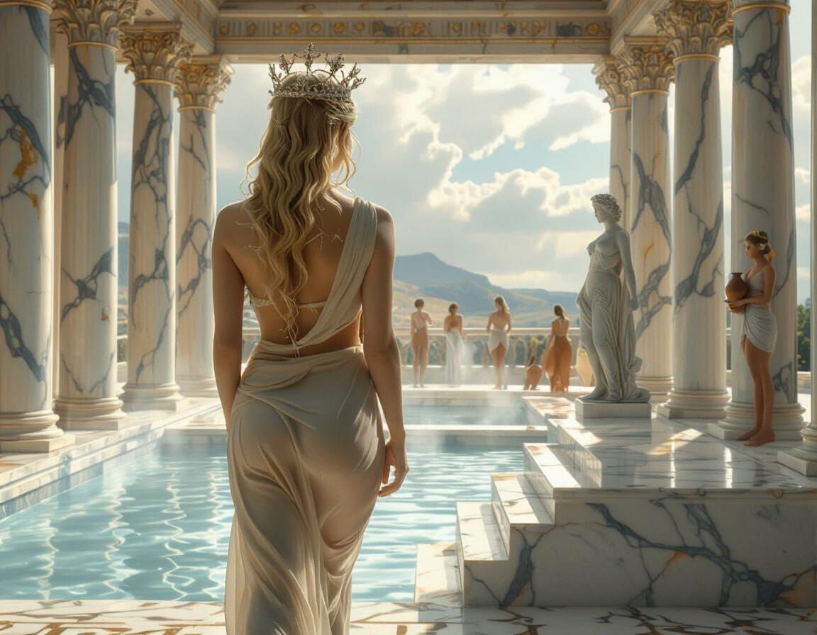 Hera Ascends to Ethereal Misty Bath in Grand Hall