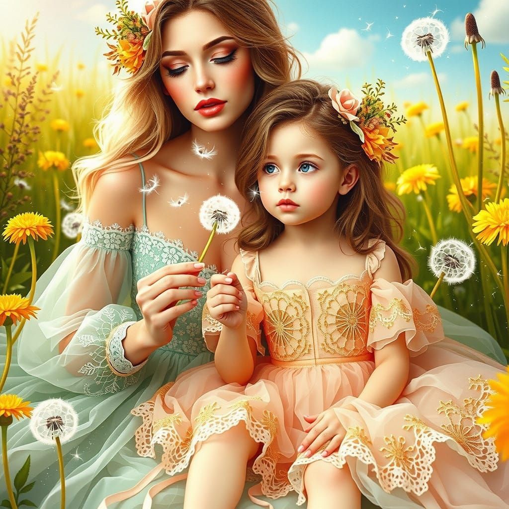 Mother and Daughter in a Whimsical Dandelion Field