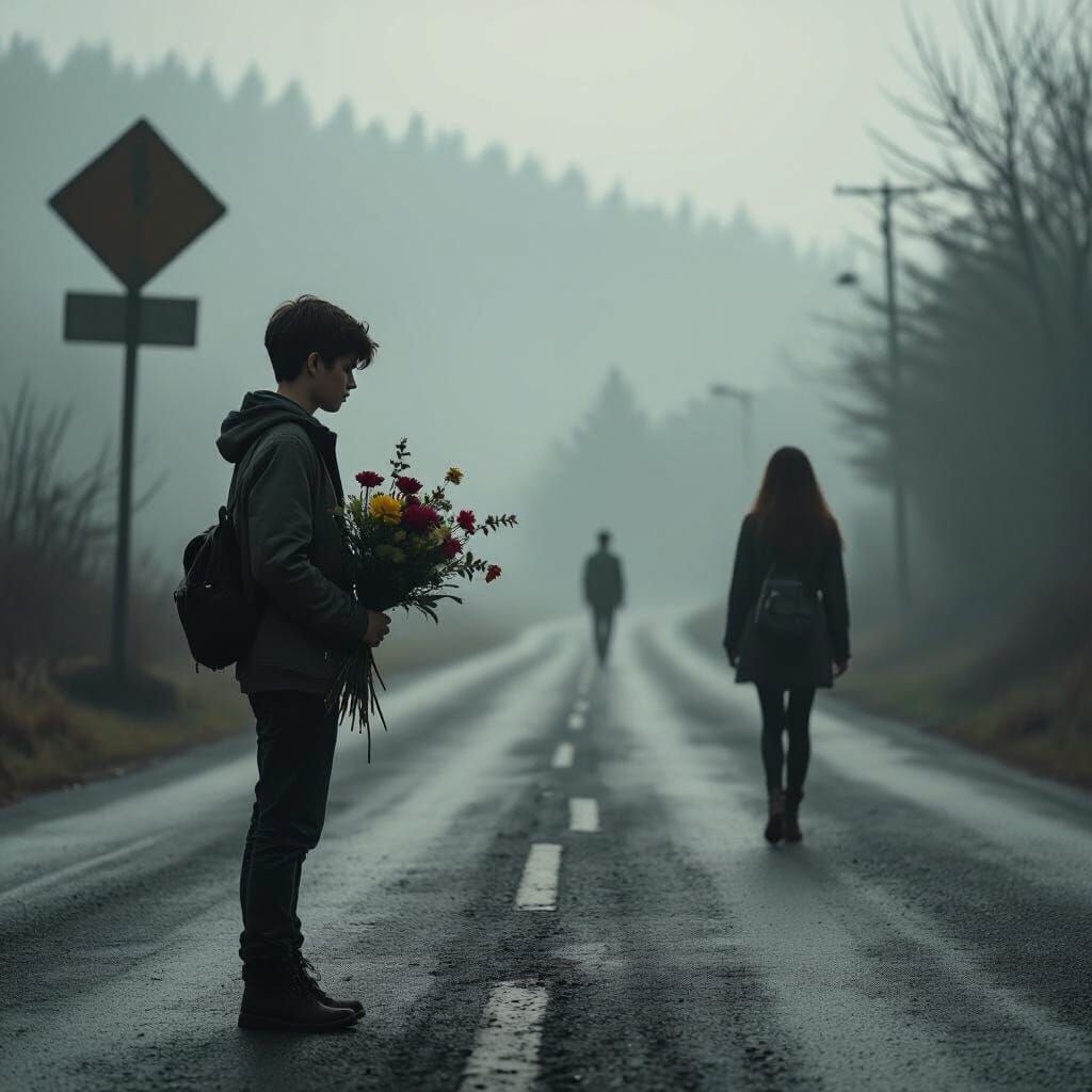Sad Boy at Crossroads, Girl Walks Away in Fog