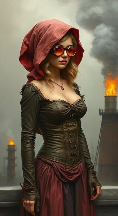 Victorian Woman on Factory Roof in Impasto Style