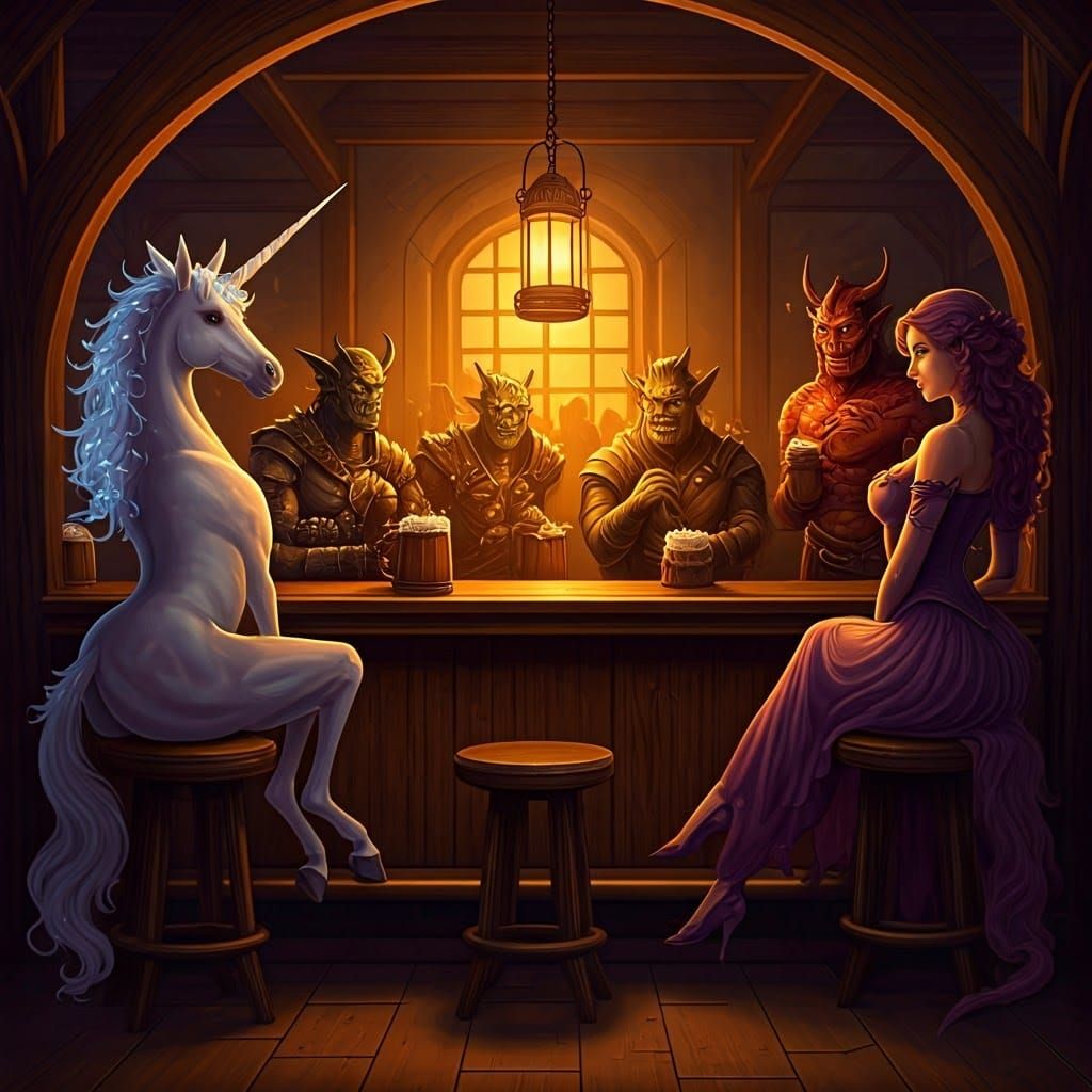 Mythical Creatures Gather in Dimly Lit Tavern