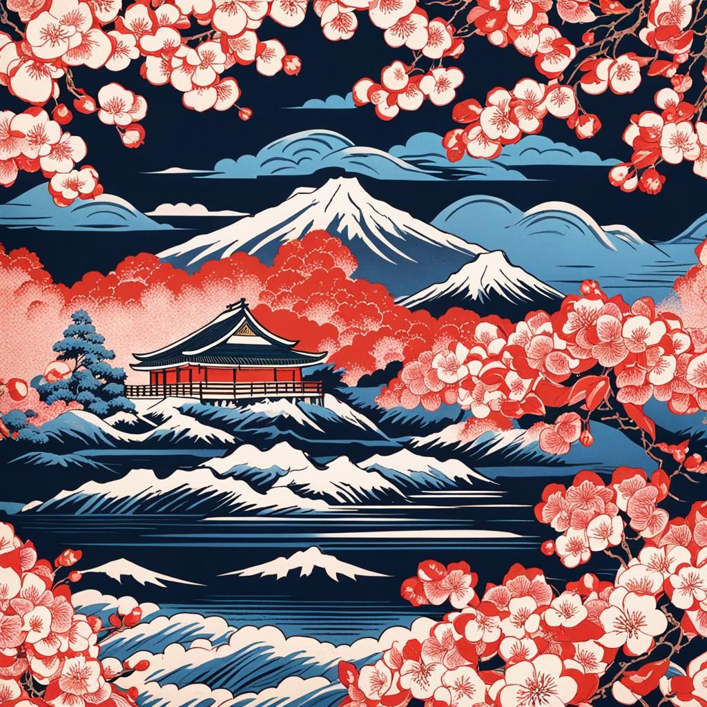 Ukiyo-e Art: Cherry Blossoms Ablaze