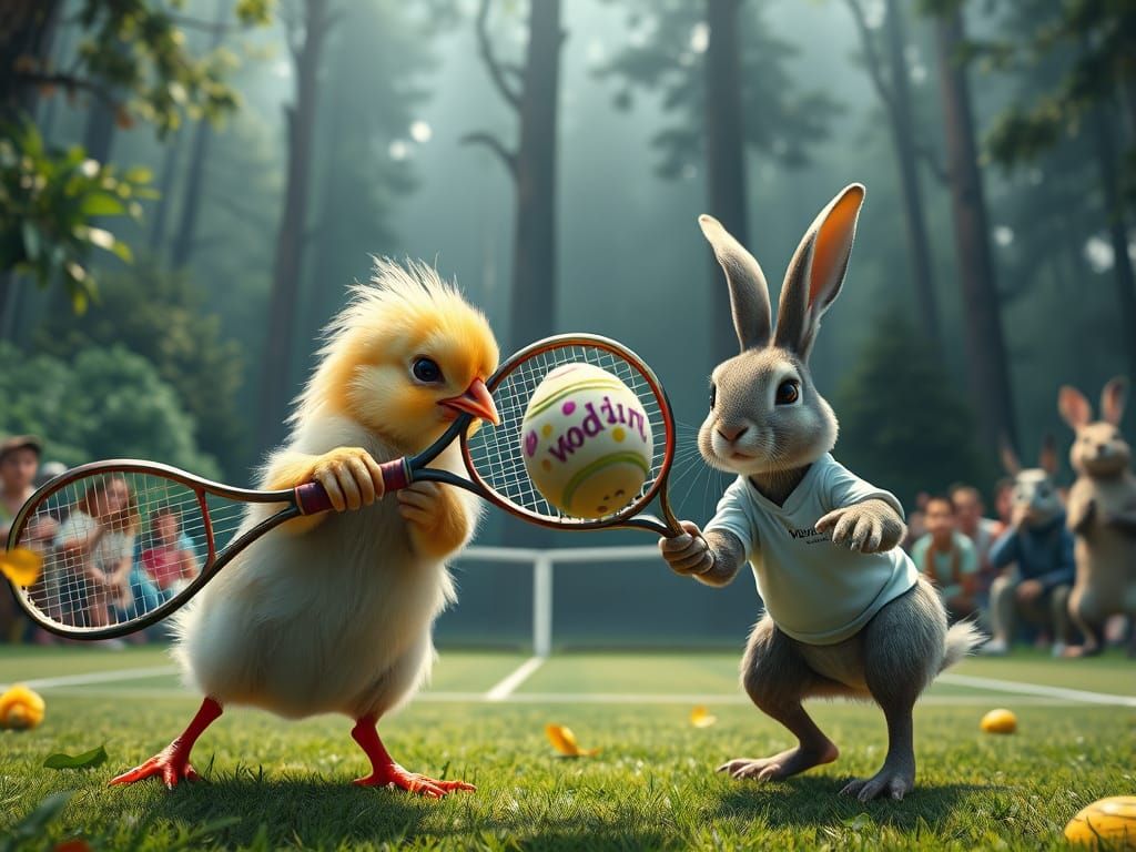 Chick and Bunny Tennis Showdown in Enchanted Forest