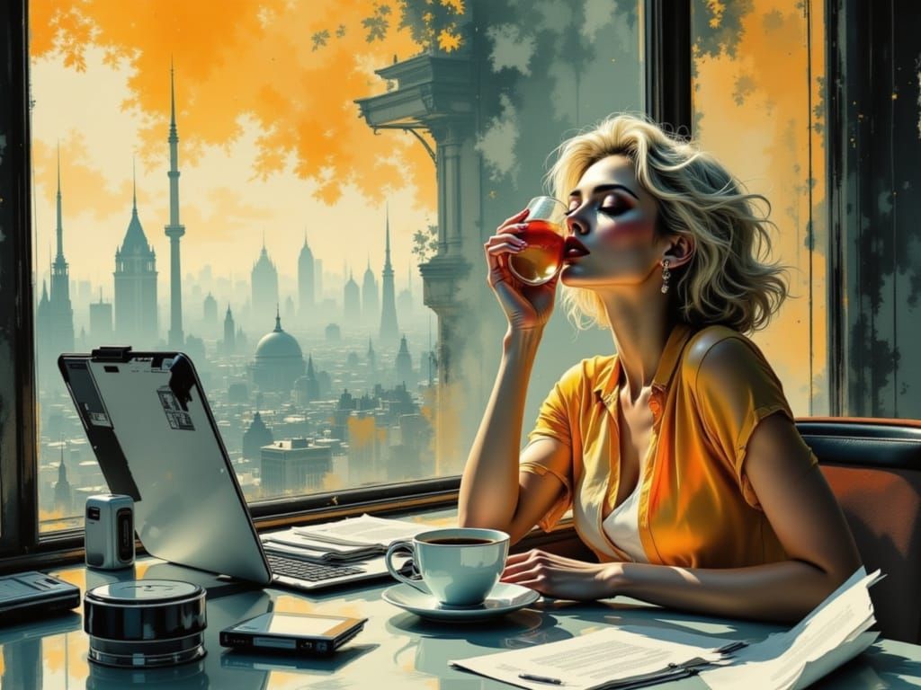 Woman Sipping Coffee in a Bustling Office Scene, Watercolor ...