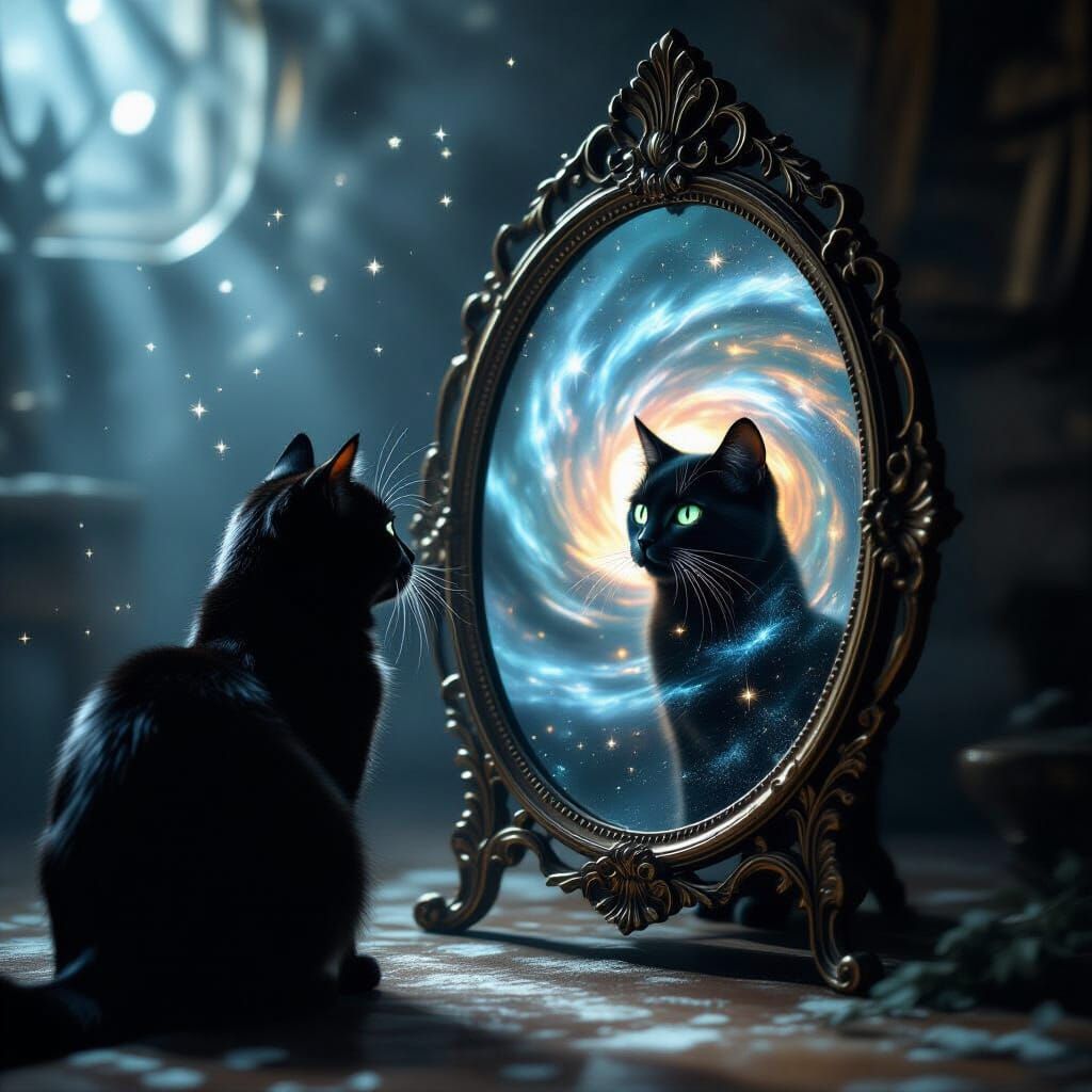 Mysterious Black Cat Gazes into Cosmic Mirror