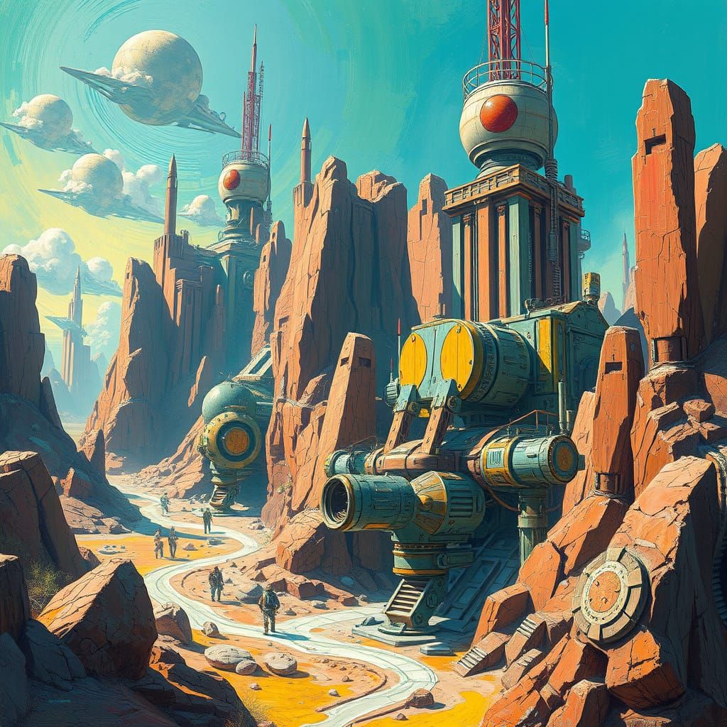 Futuristic Sci-Fi Landscape with Retro Machinery