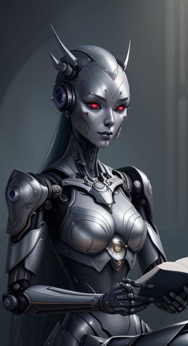 Robot Girl Writing: Detailed Fantasy Concept Art