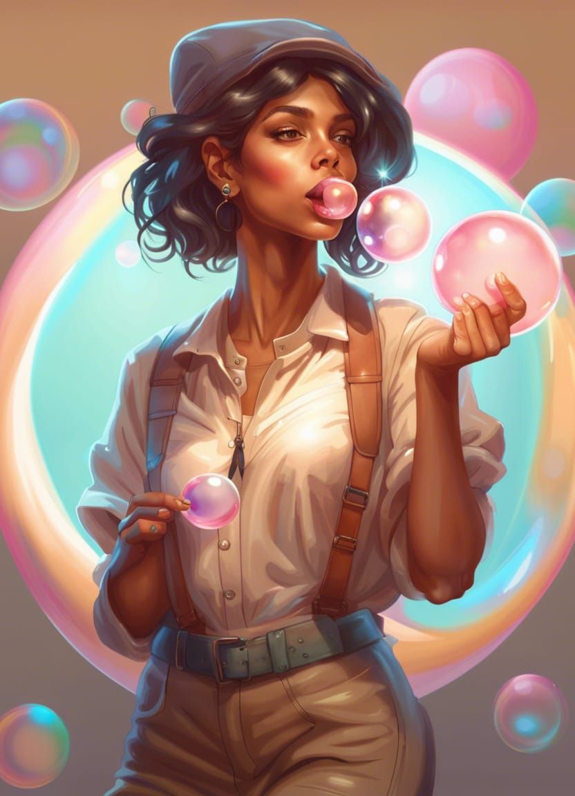 Beautiful Woman Blowing Bubble Gum, Hyperdetailed Digital Ar...