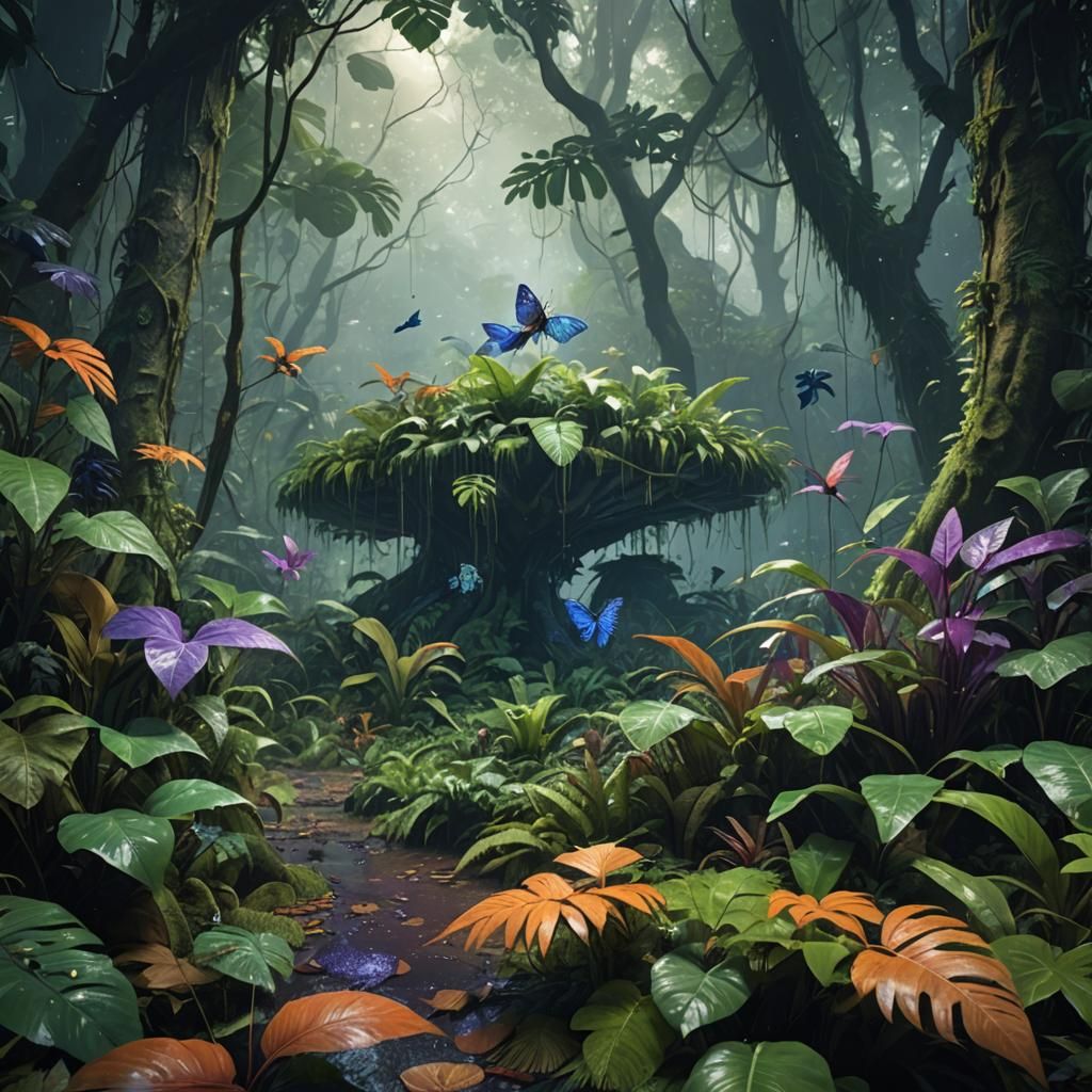 Enchanted Rainforest Floor with Mystical Creatures