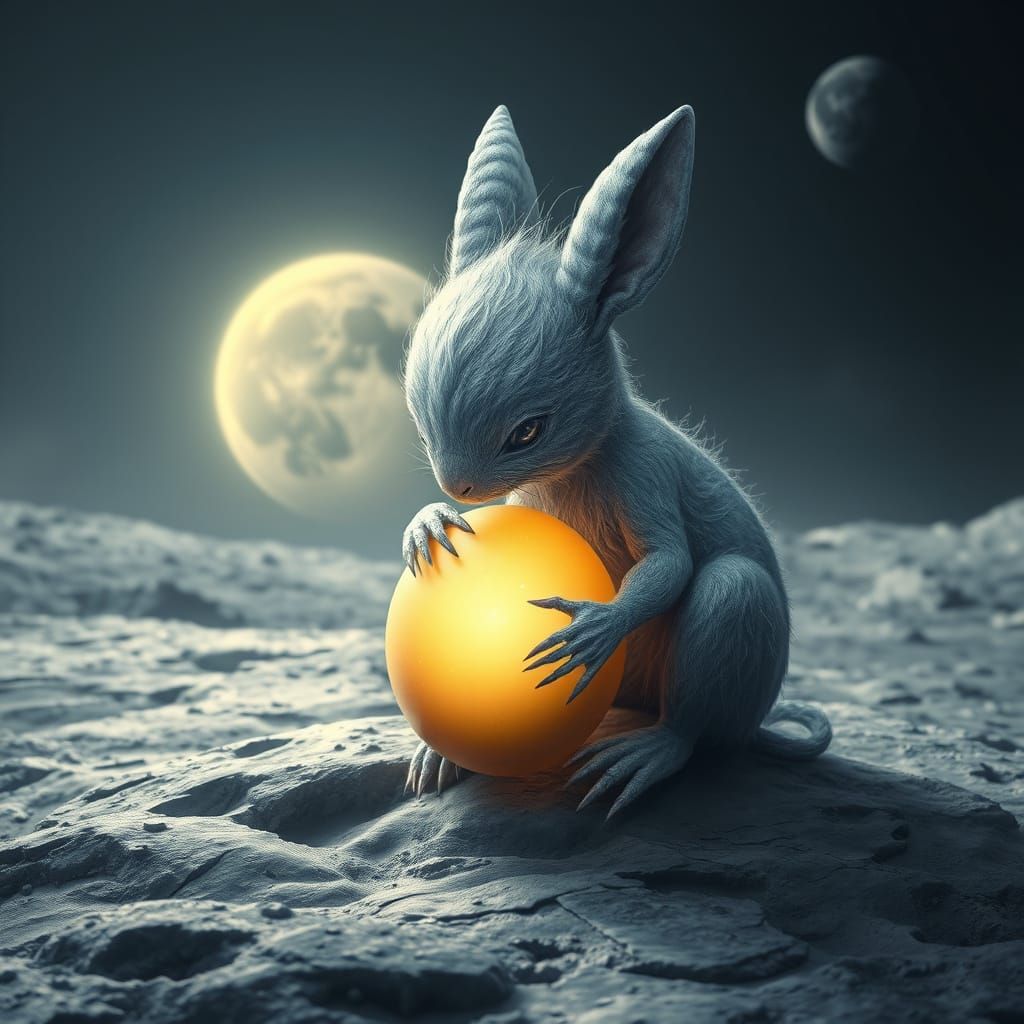 Lunar Leporid Holds Celestial Egg on Cratered Moonscape