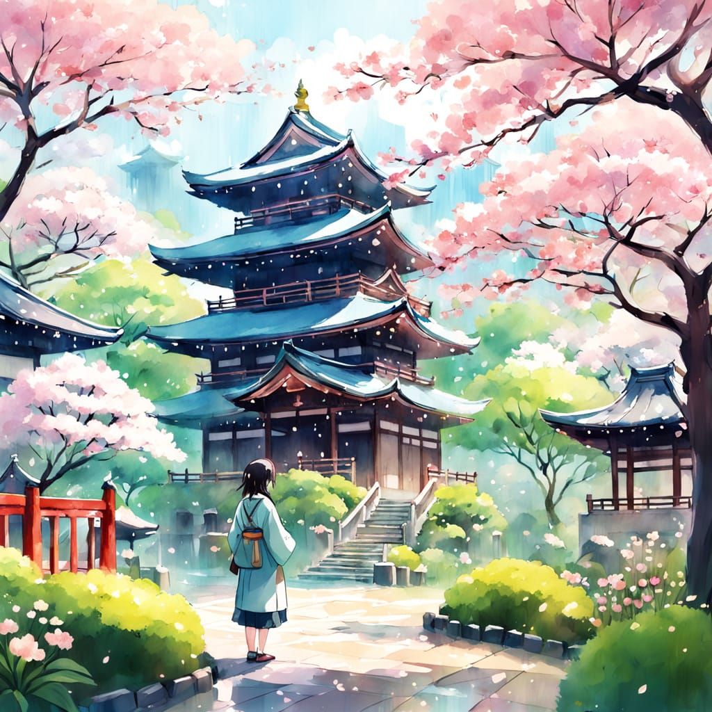 Japanese Garden Serenity in Watercolor Style