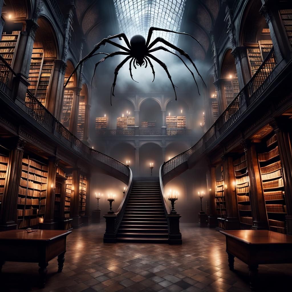 Mystic Library with Enormous Spider in Dark Academia Style