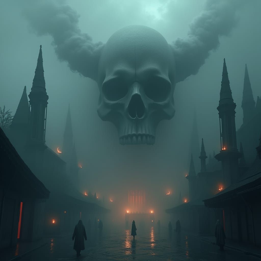 Ethereal Skull Fog Cityscape in Matte Painting Style