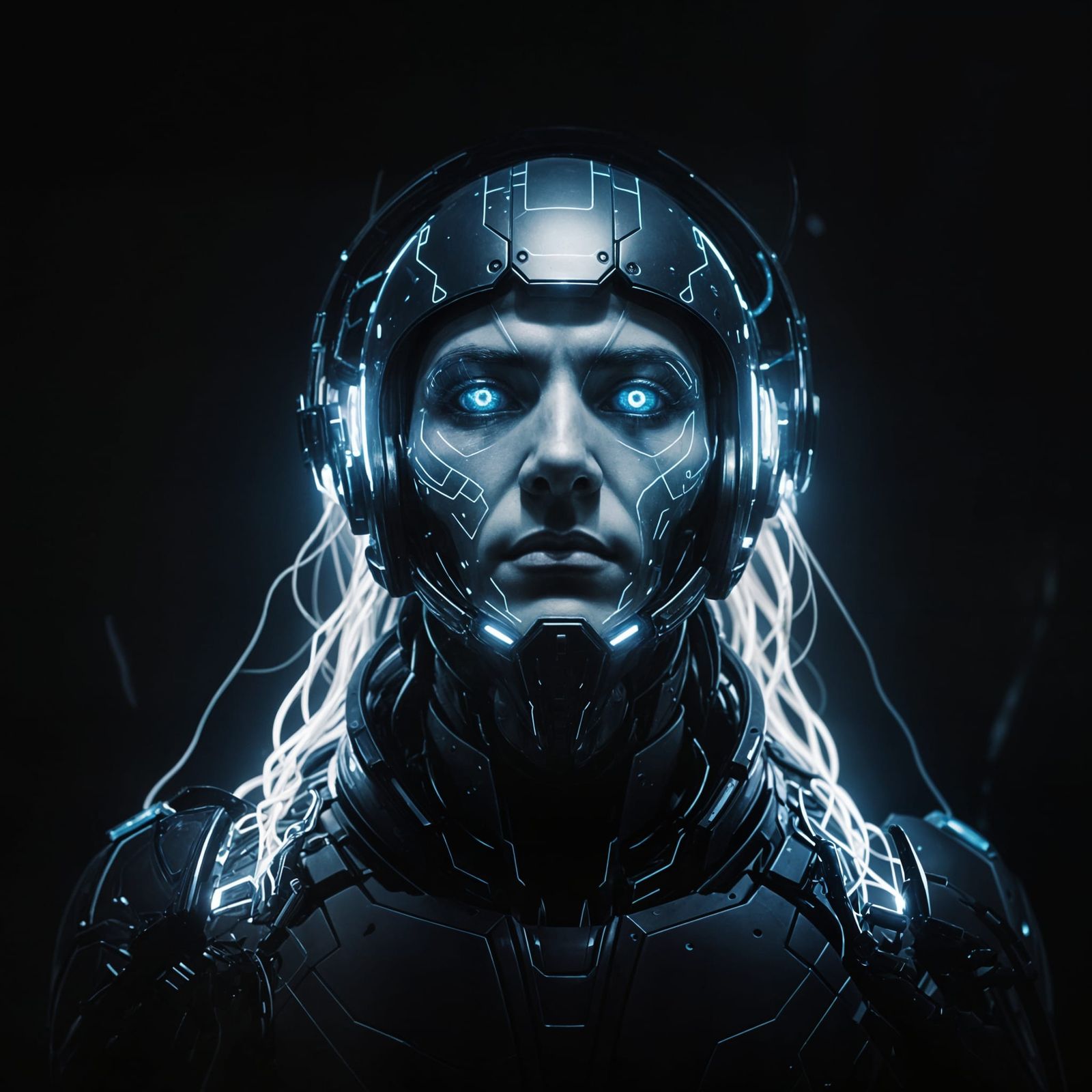 Futuristic Humanoid with Neural Interface Helmet