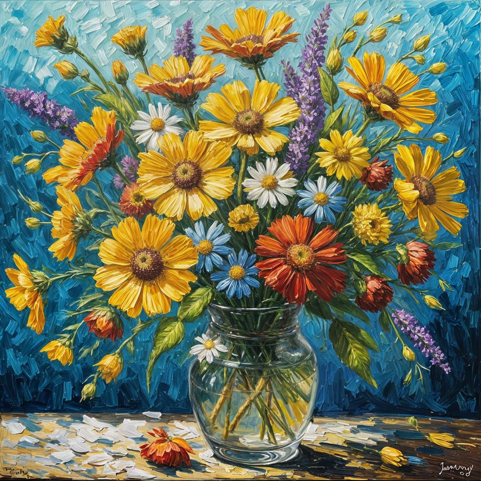 Impasto Oil Painting of Wildflower Bouquet