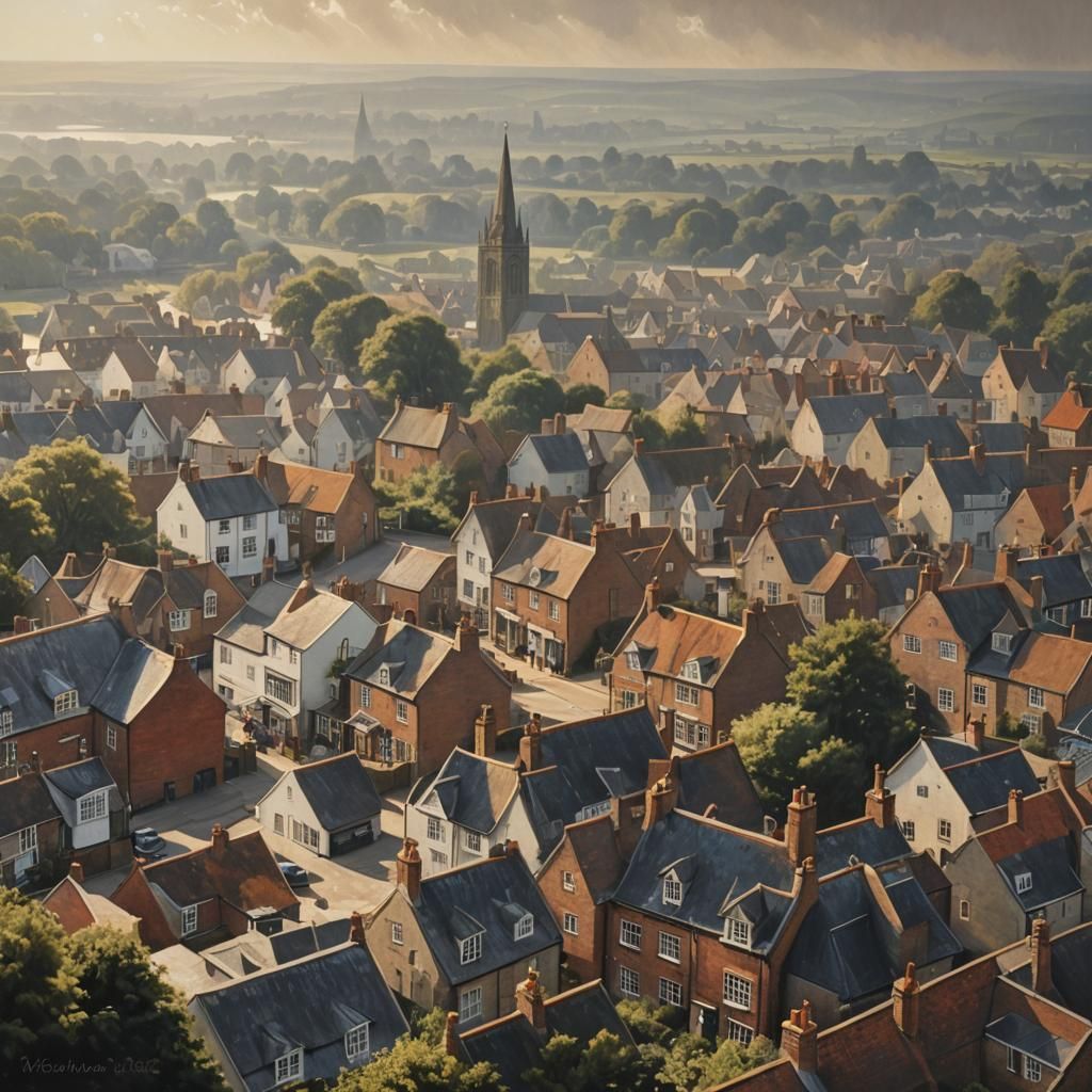 English Town in Hazy Sunlight: Photorealistic View