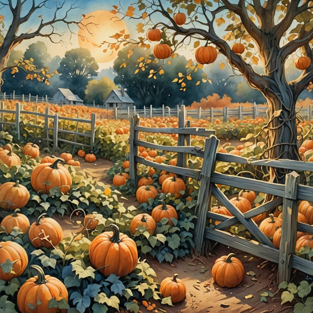 Whimsical Pumpkin Patch in Watercolor Style