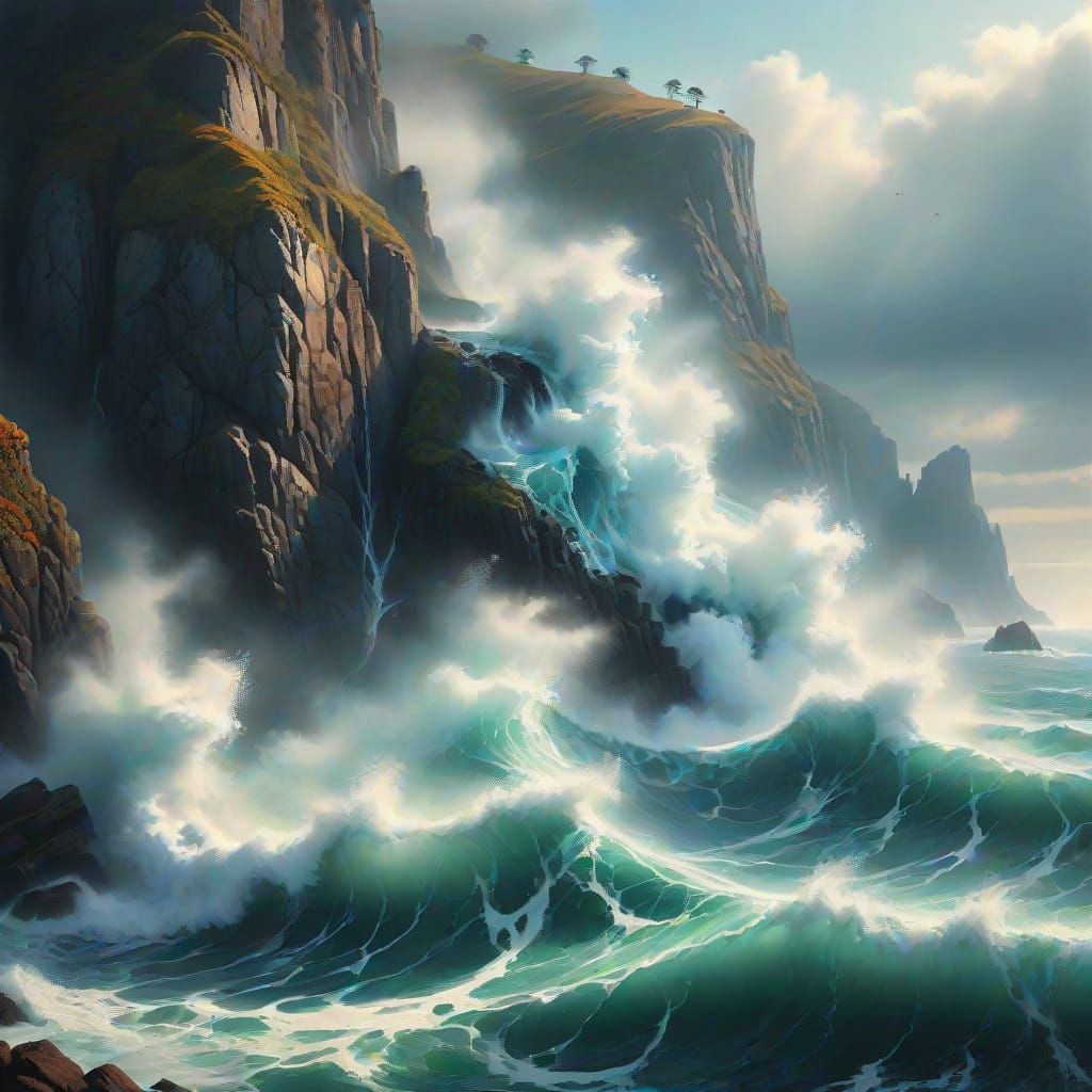 Hyperrealistic Misty Sea Cliff Splash Art