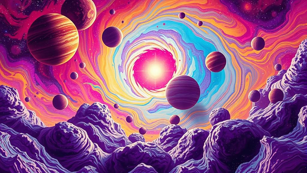 Cosmic Collision: Swirling Galaxies in Dreamlike Landscape